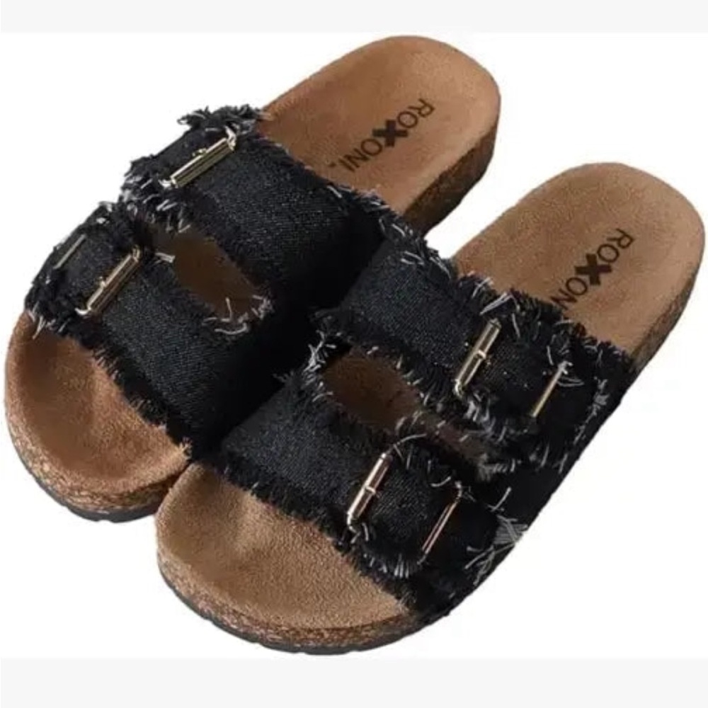 Roxxon Women's Black Frayed Double-Strap Slide Sandals